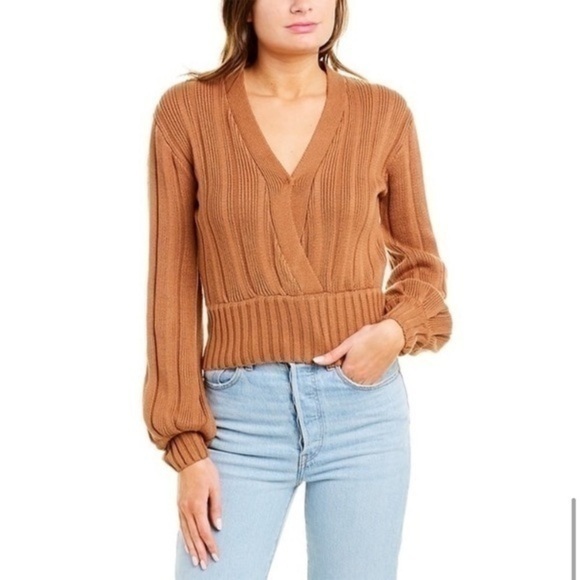 Astr Sweaters - ASTR The Label Evie Surplice Wrap Ribbed Tan Sweater​
